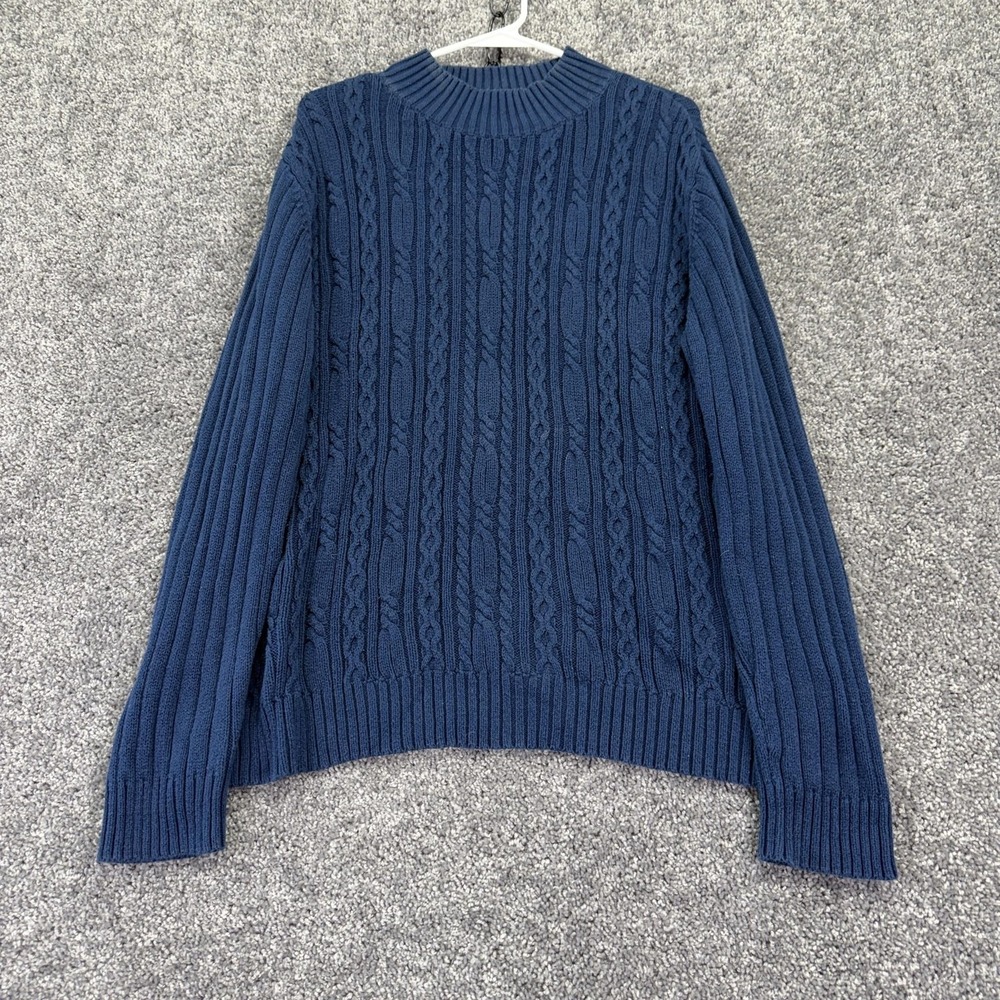 Studio Works Sweater Womens Large Blue Mock Neck Cable Knit Pullover Casual